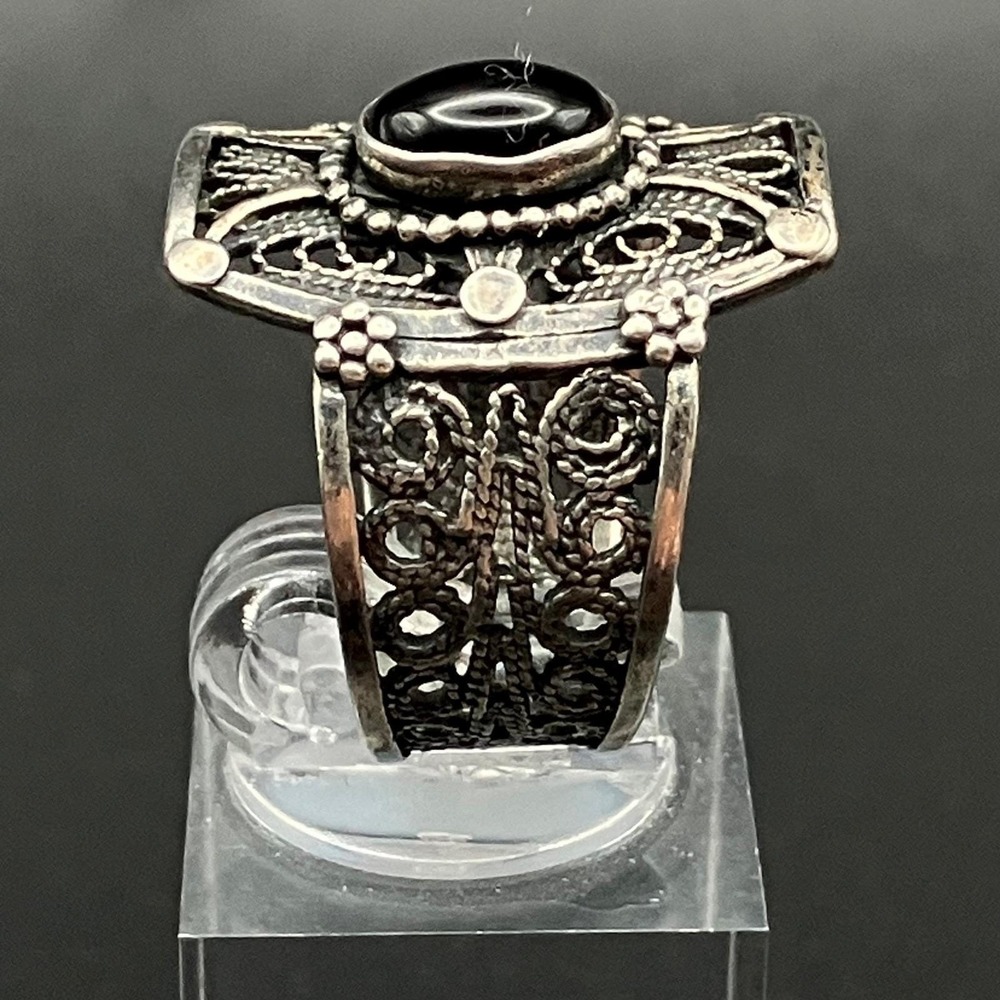 Sterling Silver Filigree Statement Ring Black Cabochon Cannetille Size 9 - Picture 4 of 9
